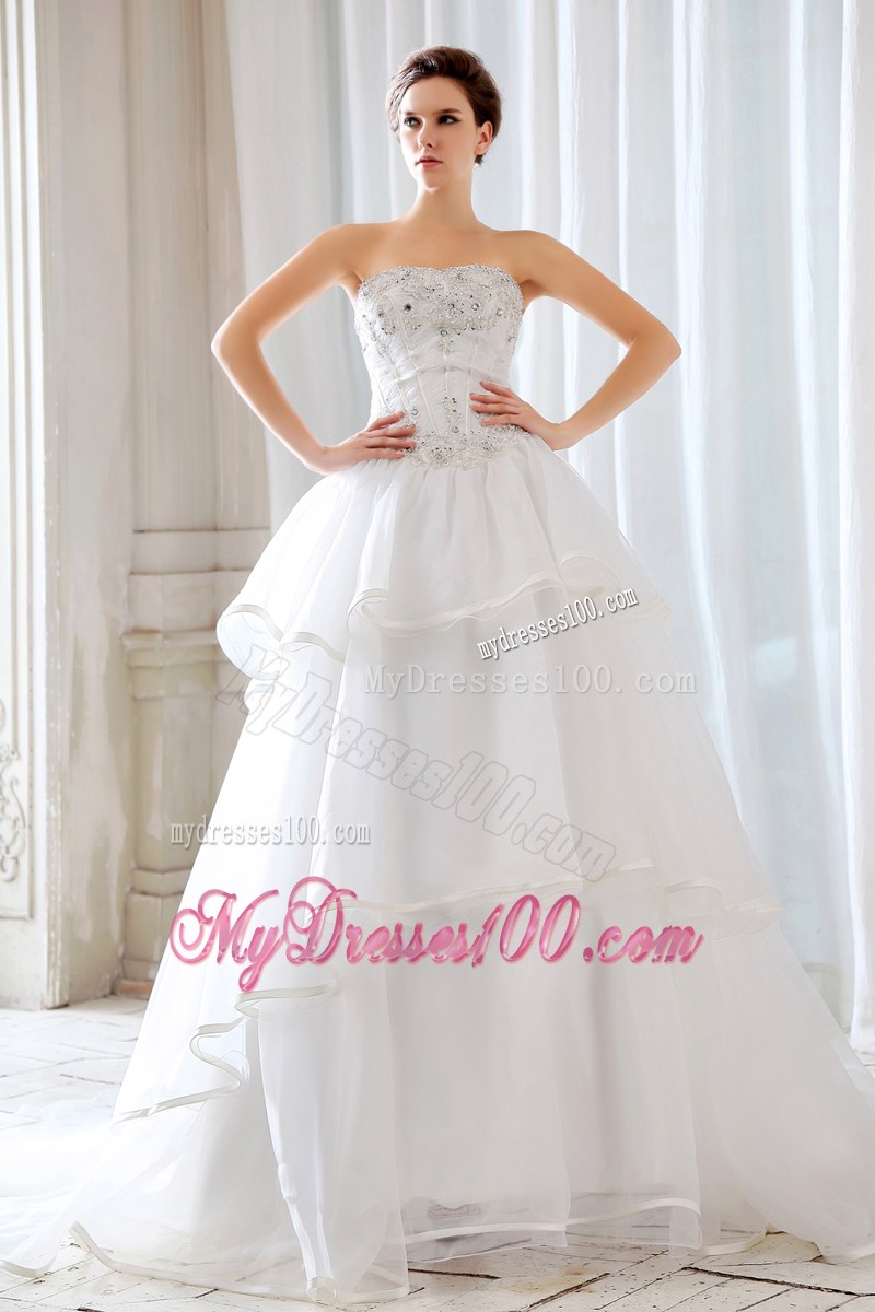 Ruffle Layers Corset Back White Bridal with Beading Dress Chapel Train