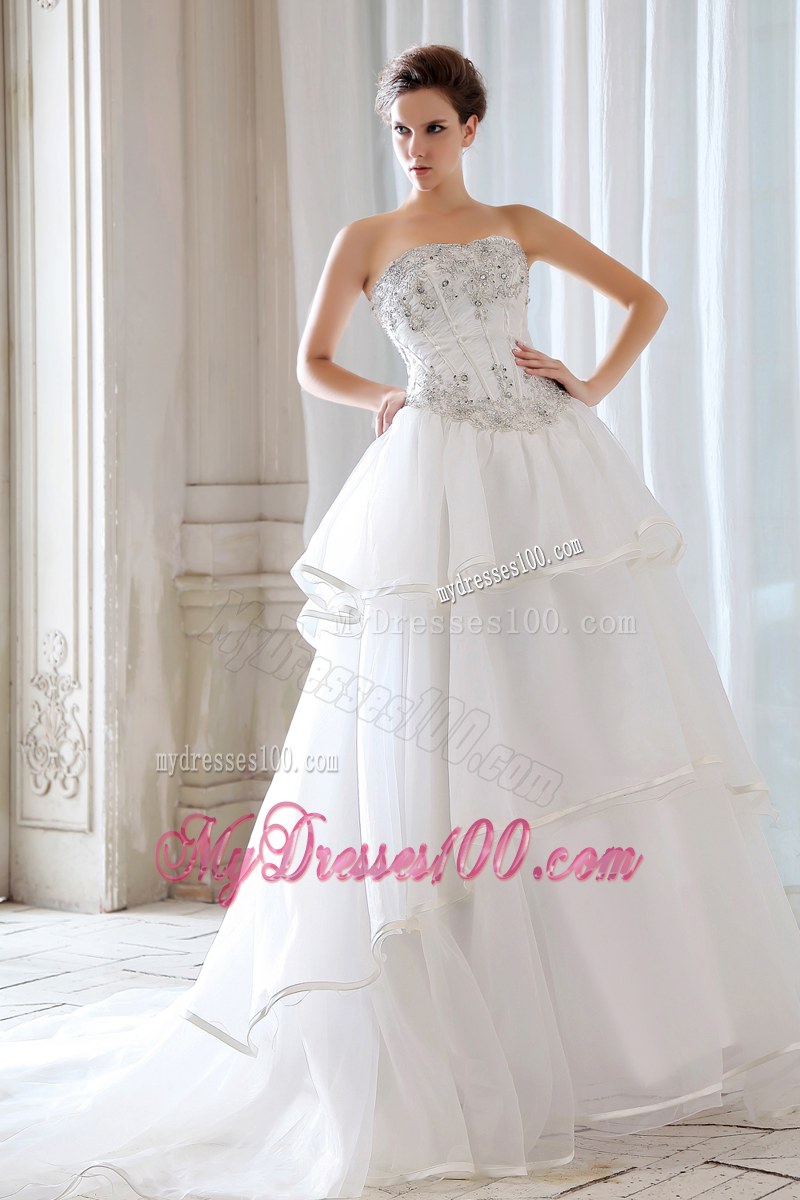 Ruffle Layers Corset Back White Bridal with Beading Dress Chapel Train
