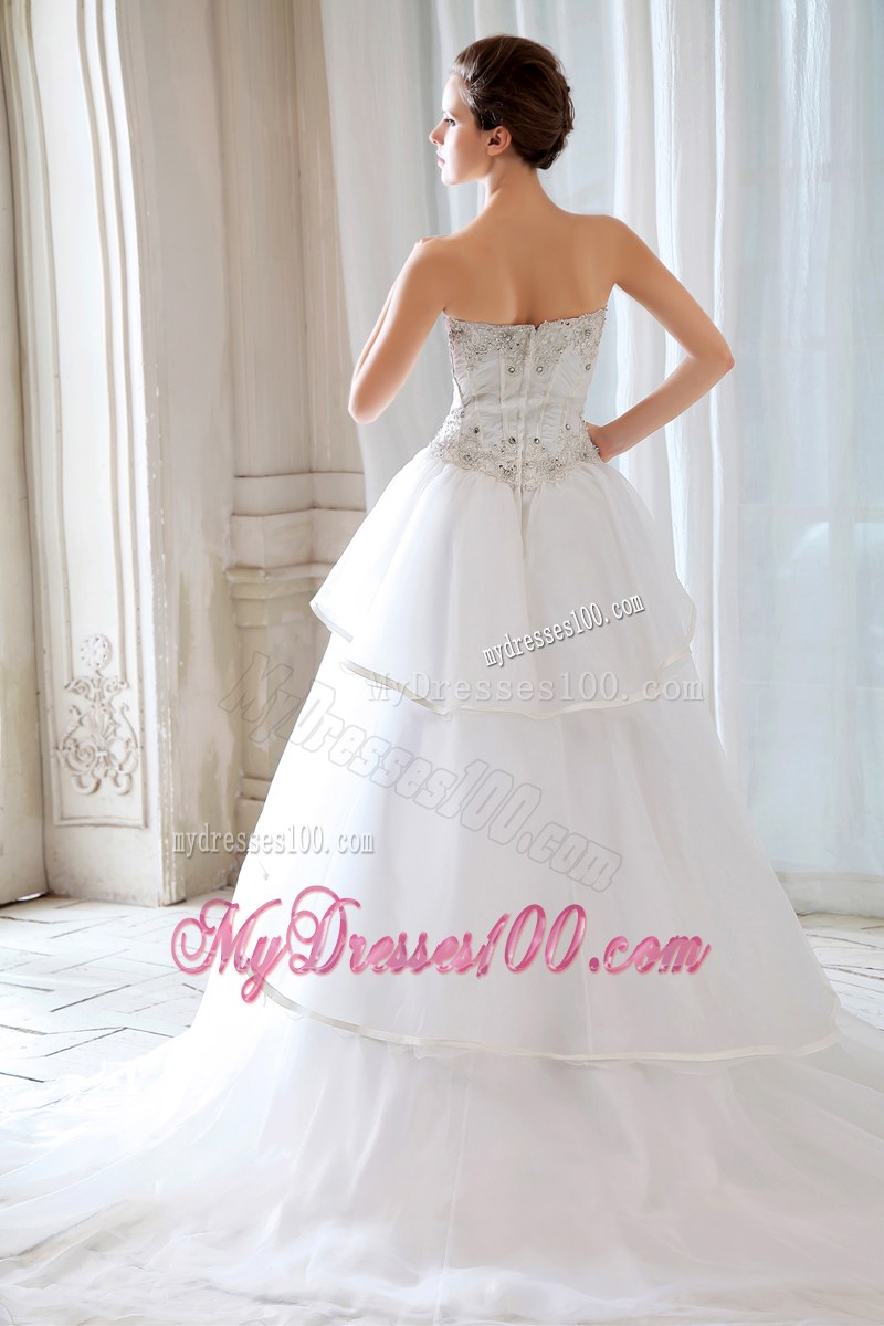 Ruffle Layers Corset Back White Bridal with Beading Dress Chapel Train