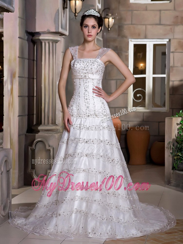 Modest A-line Wide Straps Sequined Wedding Dress with Court Tain