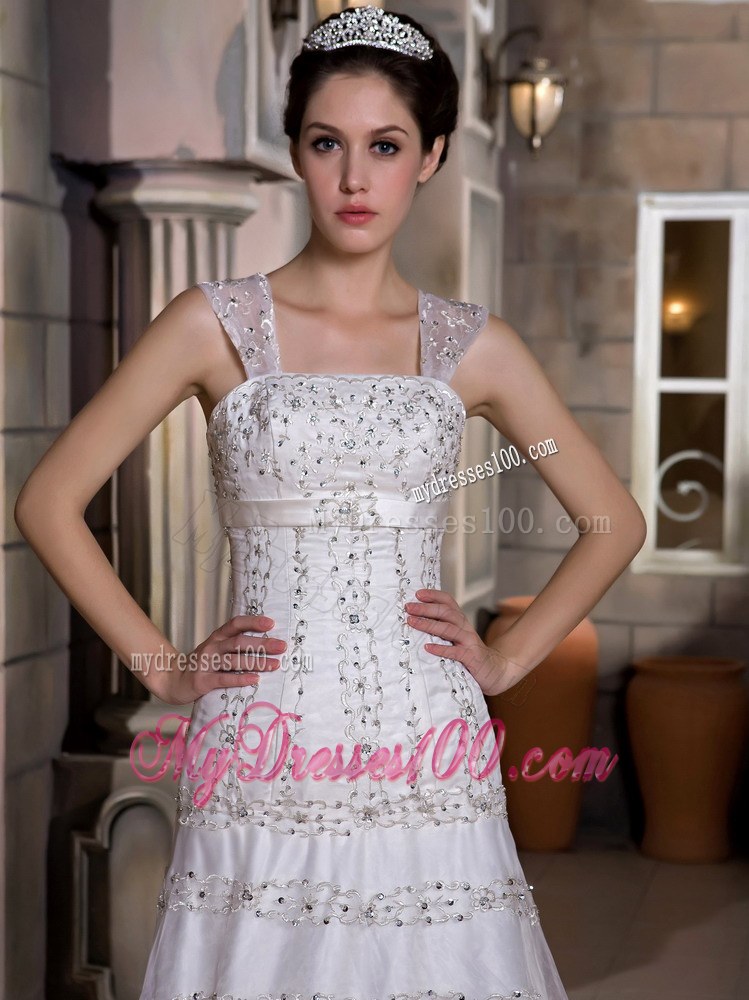 Modest A-line Wide Straps Sequined Wedding Dress with Court Tain