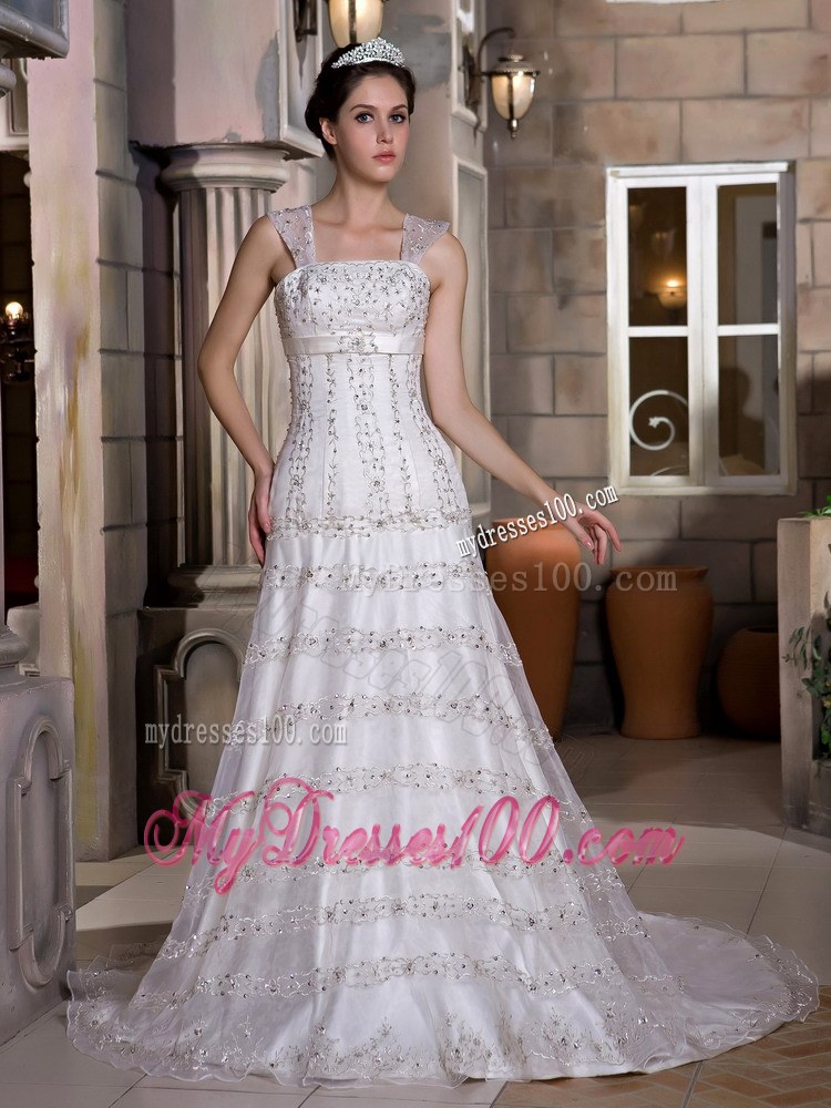 Modest A-line Wide Straps Sequined Wedding Dress with Court Tain