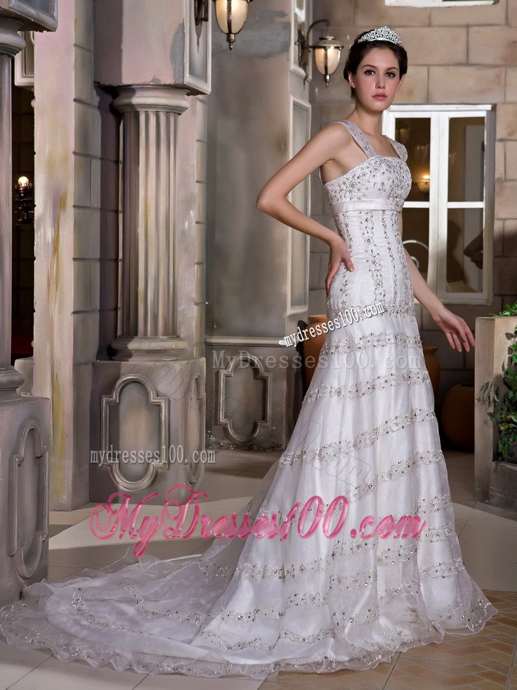 Modest A-line Wide Straps Sequined Wedding Dress with Court Tain