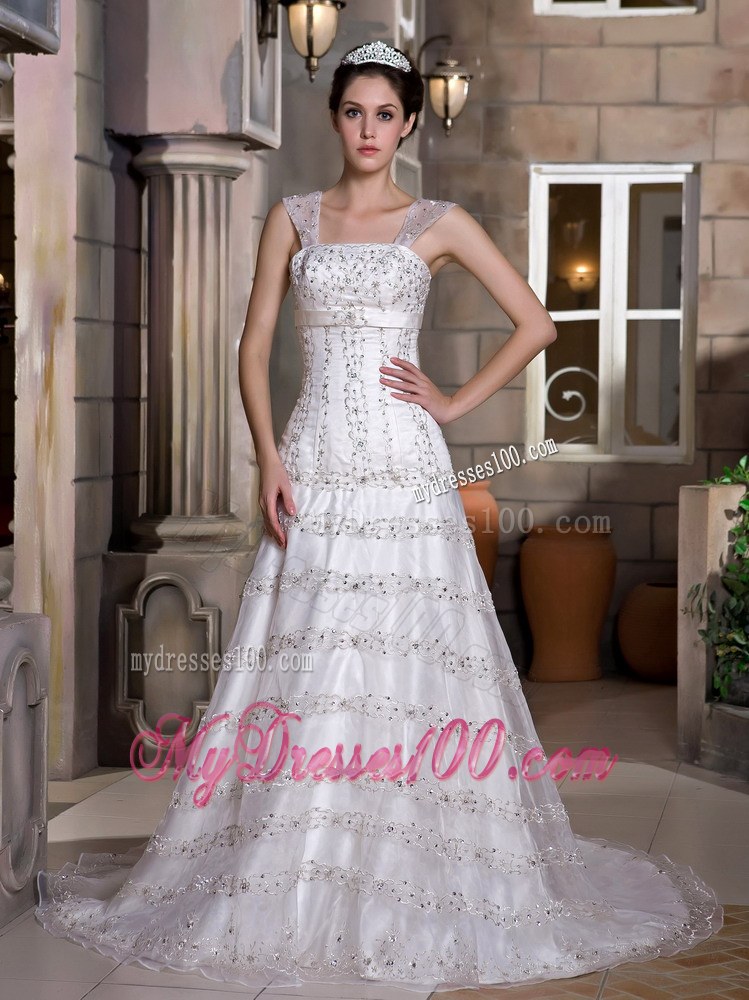 Modest A-line Wide Straps Sequined Wedding Dress with Court Tain