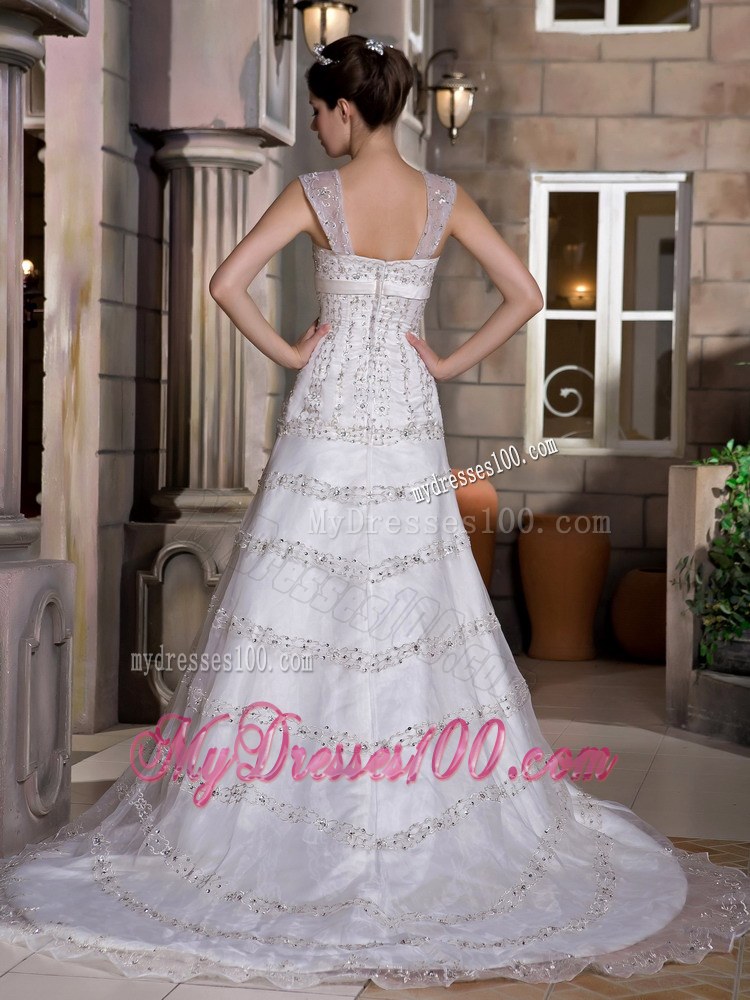 Modest A-line Wide Straps Sequined Wedding Dress with Court Tain