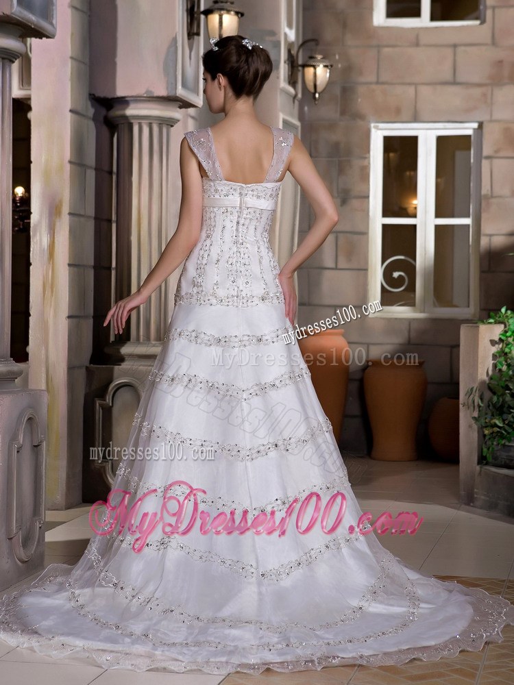 Modest A-line Wide Straps Sequined Wedding Dress with Court Tain
