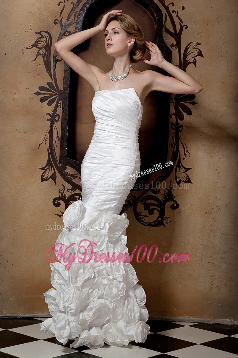 Strapless Floor Length Handmade Flower Ruche White Wedding Dress