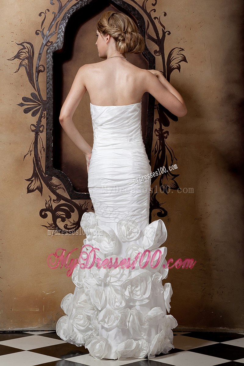 Strapless Floor Length Handmade Flower Ruche White Wedding Dress