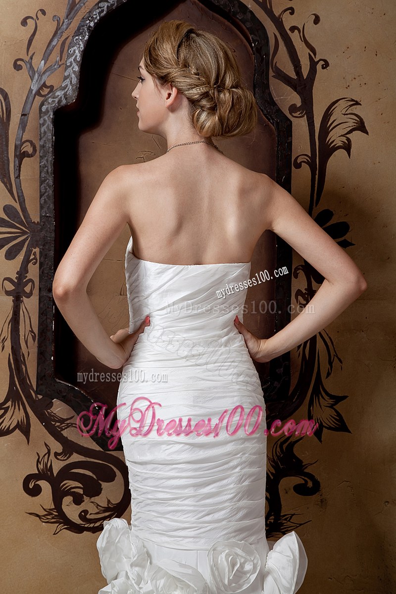Strapless Floor Length Handmade Flower Ruche White Wedding Dress