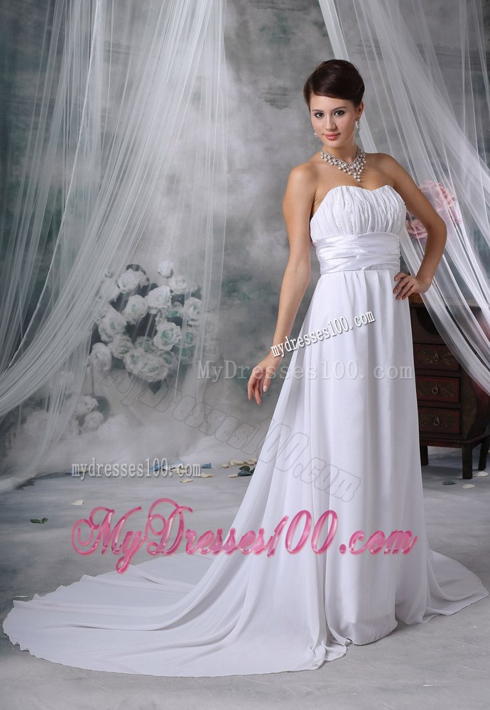 Simple Style Ruche Court Train Strapless White Wedding Dress in Fashion