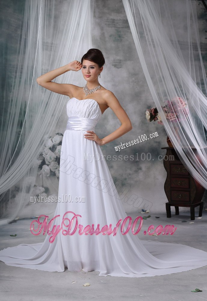 Simple Style Ruche Court Train Strapless White Wedding Dress in Fashion