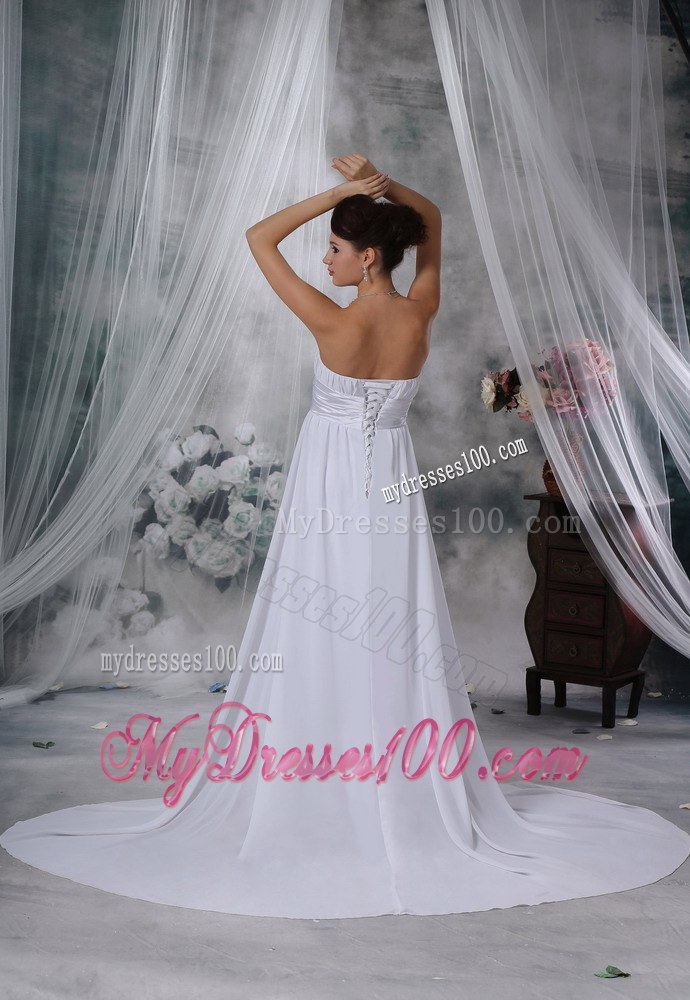 Simple Style Ruche Court Train Strapless White Wedding Dress in Fashion