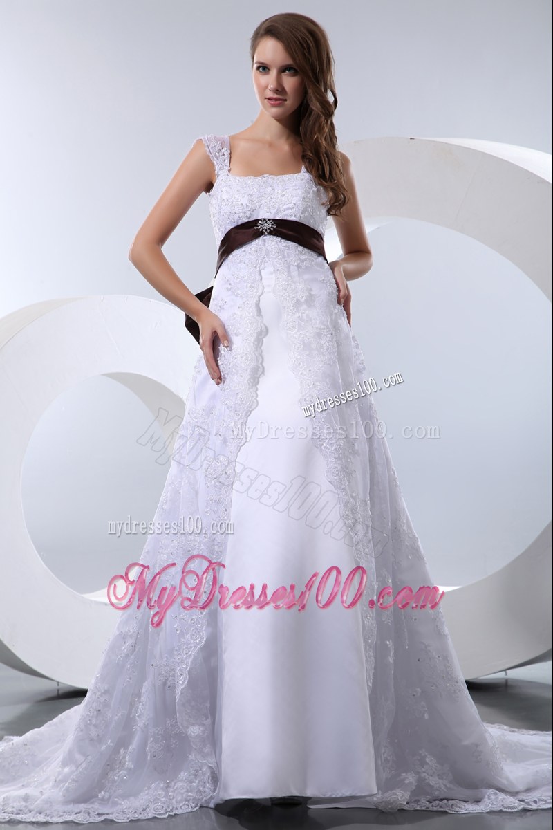 Lace Flowers Wide Straps Wedding Gowns with Beaded Sash and Bowknot Back