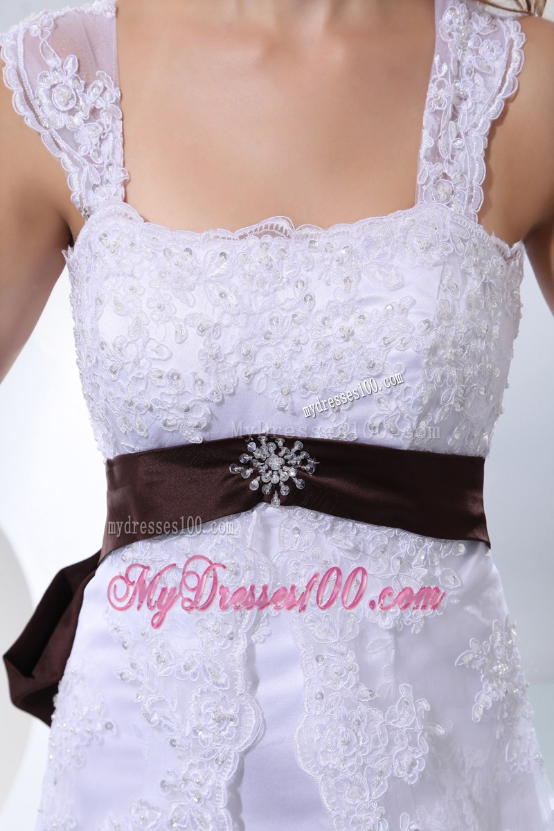 Lace Flowers Wide Straps Wedding Gowns with Beaded Sash and Bowknot Back