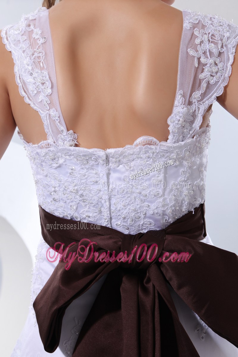 Lace Flowers Wide Straps Wedding Gowns with Beaded Sash and Bowknot Back