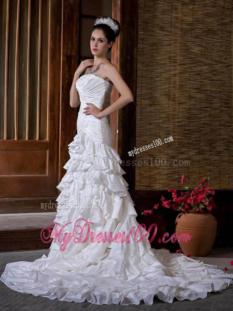 Ruched and Beaded Wedding Dress with Ruffled Layers and Chapel Train