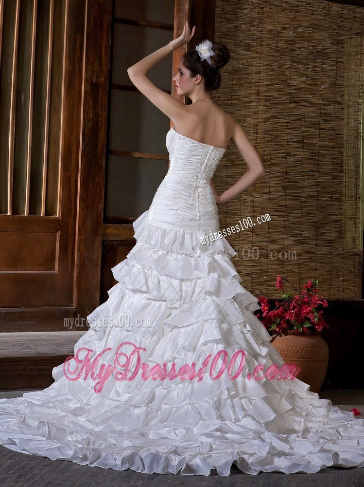 Ruched and Beaded Wedding Dress with Ruffled Layers and Chapel Train