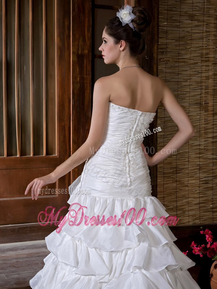 Ruched and Beaded Wedding Dress with Ruffled Layers and Chapel Train