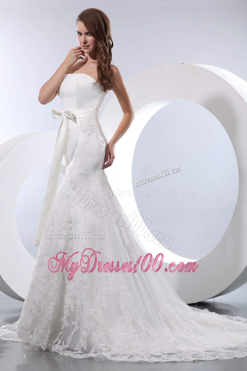 Bowknot Lace Flowers Decorated Mermaid Wedding Dresses with Court Train