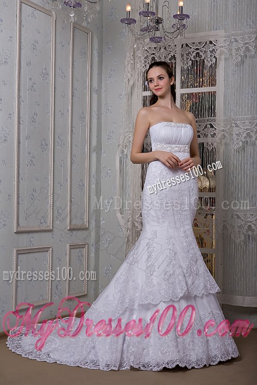 Two Tiers Lace Flowers Ruching and Beading Bridal Dresses with Brush Train