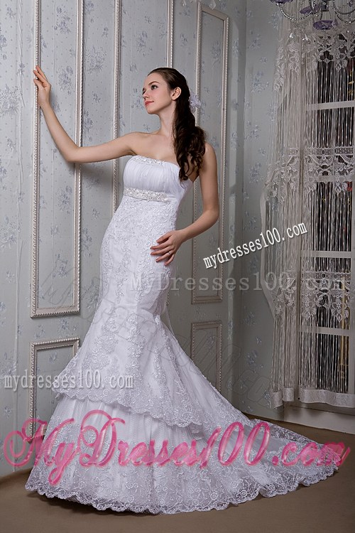 Two Tiers Lace Flowers Ruching and Beading Bridal Dresses with Brush Train