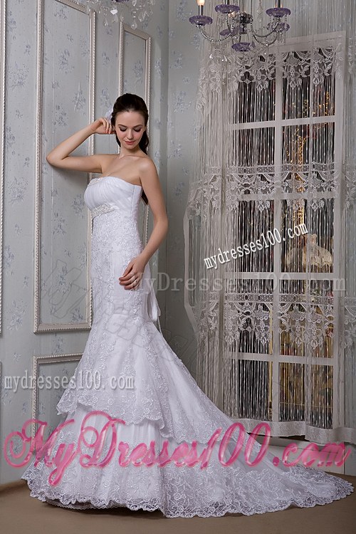 Two Tiers Lace Flowers Ruching and Beading Bridal Dresses with Brush Train