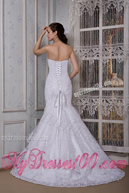 Two Tiers Lace Flowers Ruching and Beading Bridal Dresses with Brush Train