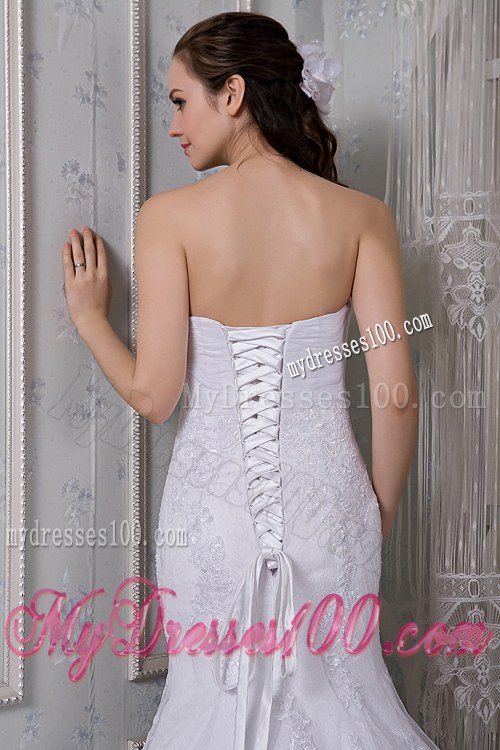 Two Tiers Lace Flowers Ruching and Beading Bridal Dresses with Brush Train