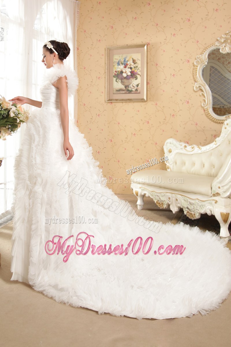 Sweetheart One Shoulder Cathedral Train White Dress for Wedding