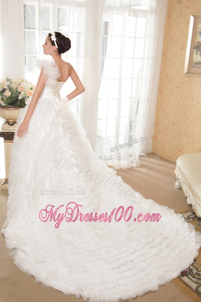 Sweetheart One Shoulder Cathedral Train White Dress for Wedding