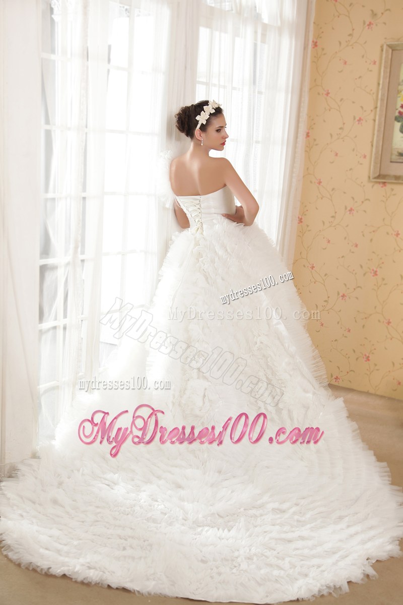Sweetheart One Shoulder Cathedral Train White Dress for Wedding
