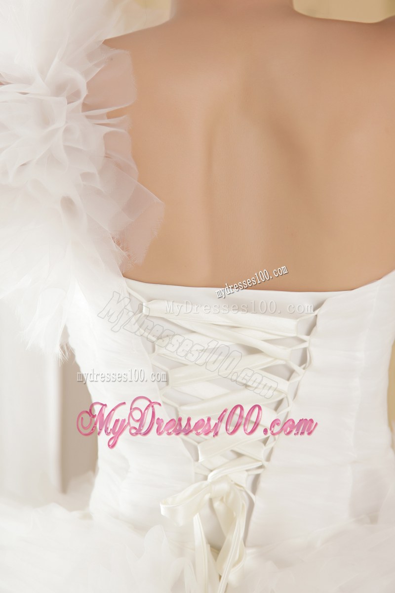 Sweetheart One Shoulder Cathedral Train White Dress for Wedding
