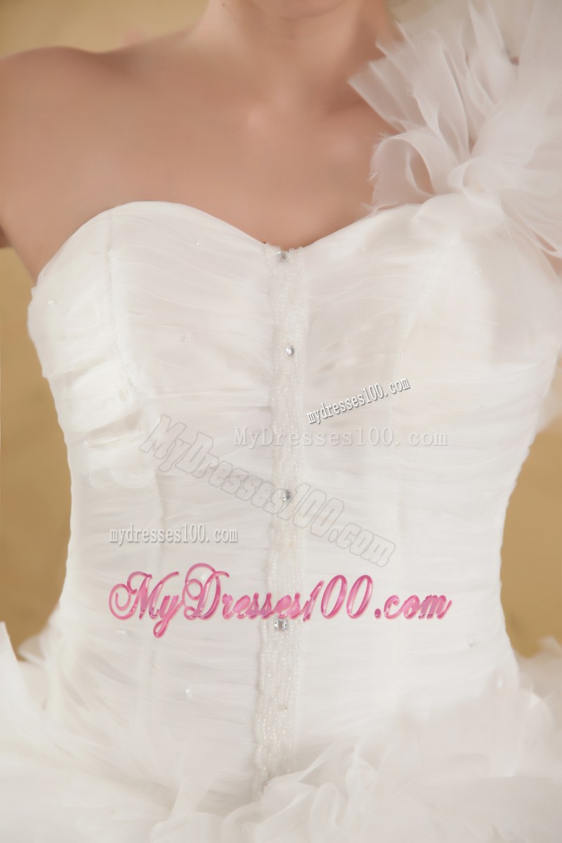 Sweetheart One Shoulder Cathedral Train White Dress for Wedding