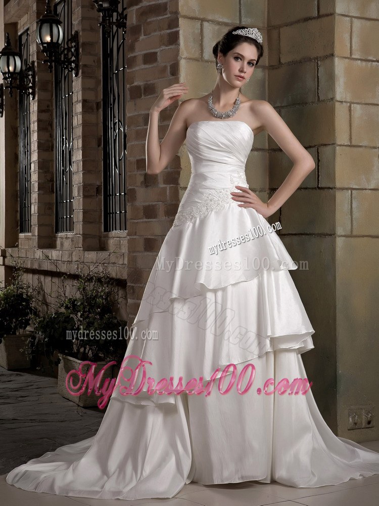 Unique Ruffle Layers Court Train Cream Colored Bridal Dress