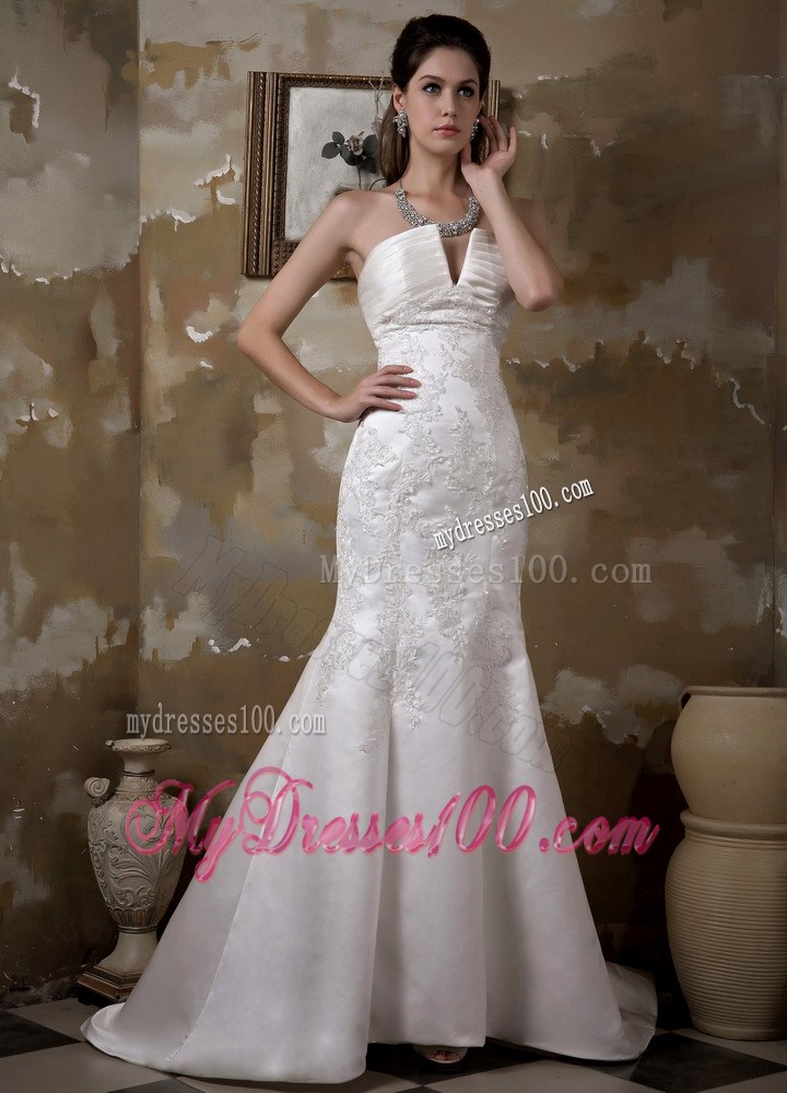 Plunging V-neck White Bridal Dress with Lace Decoration Court Train