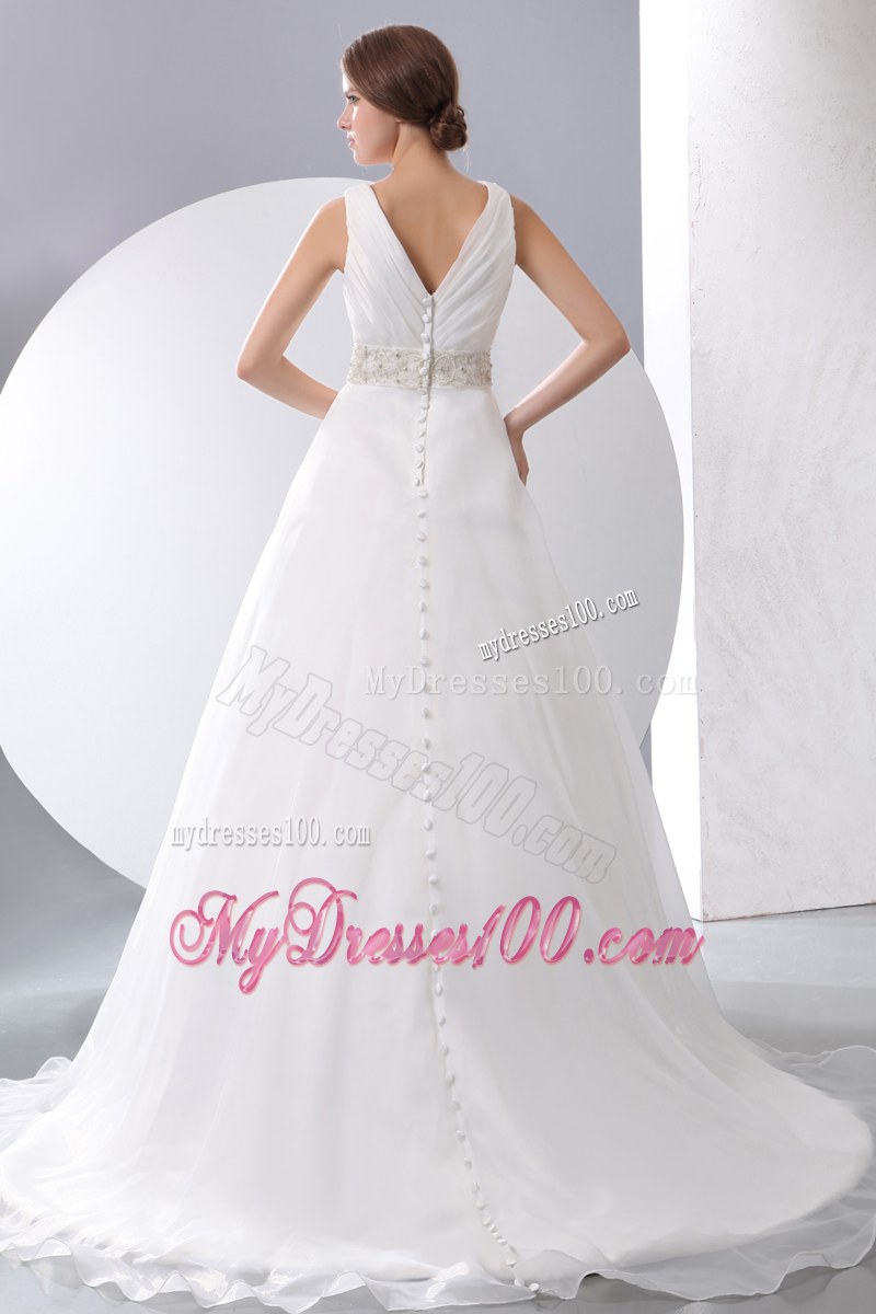 V-neck Sweep Train Clasp Handle Wedding Gowns with Brush Train