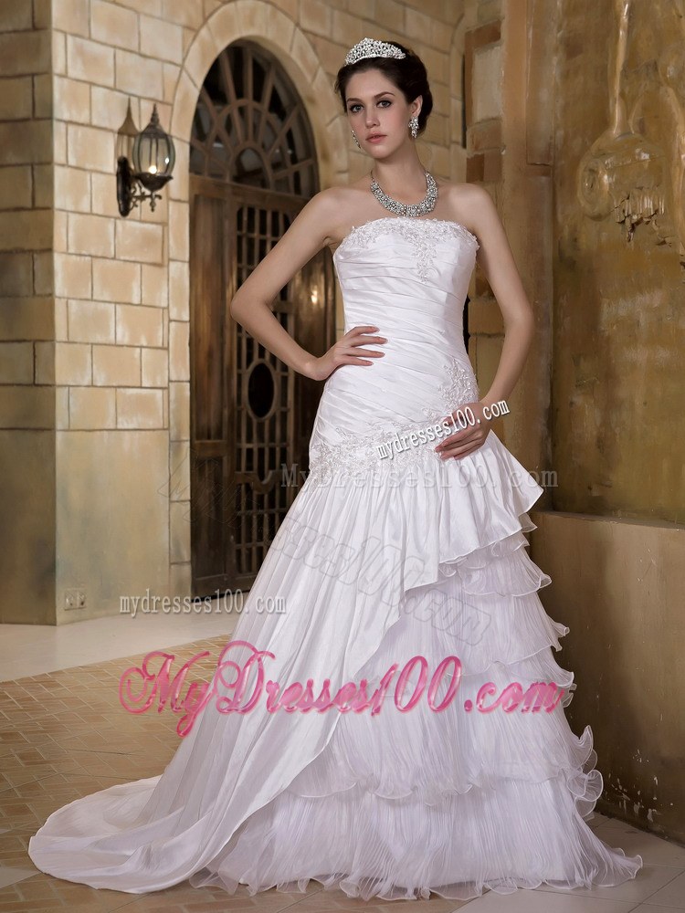 Sheath Ruching Appliques Ruffled Layers and Curt Train Wedding Dress