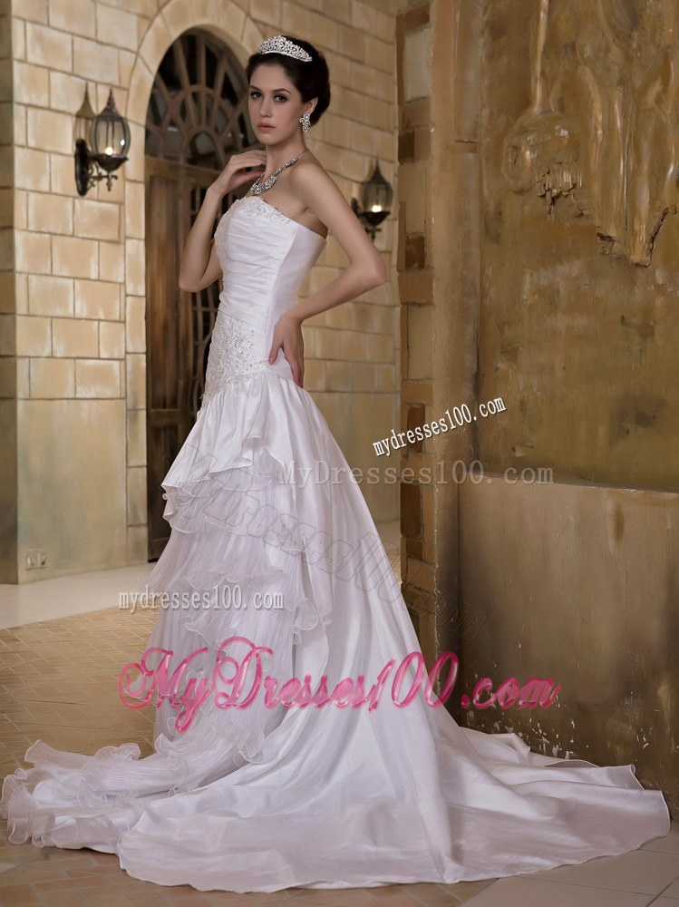 Sheath Ruching Appliques Ruffled Layers and Curt Train Wedding Dress