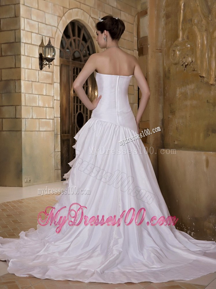 Sheath Ruching Appliques Ruffled Layers and Curt Train Wedding Dress