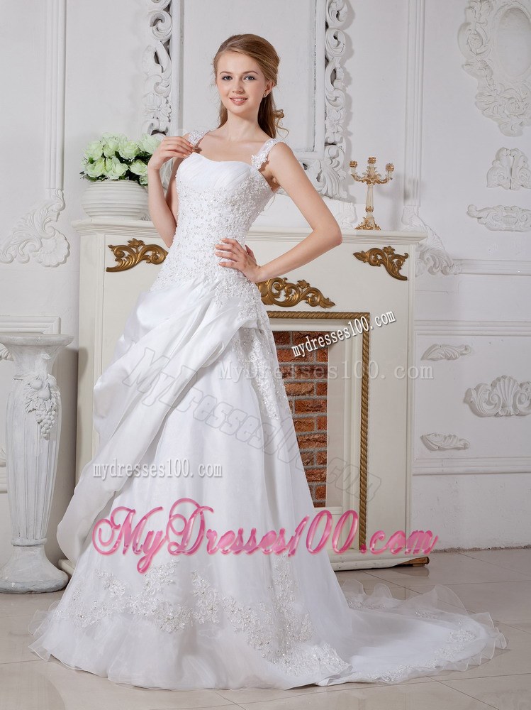 Beaded Straps and Bodice for Pick-ups Decorated Court Train Wedding Dress