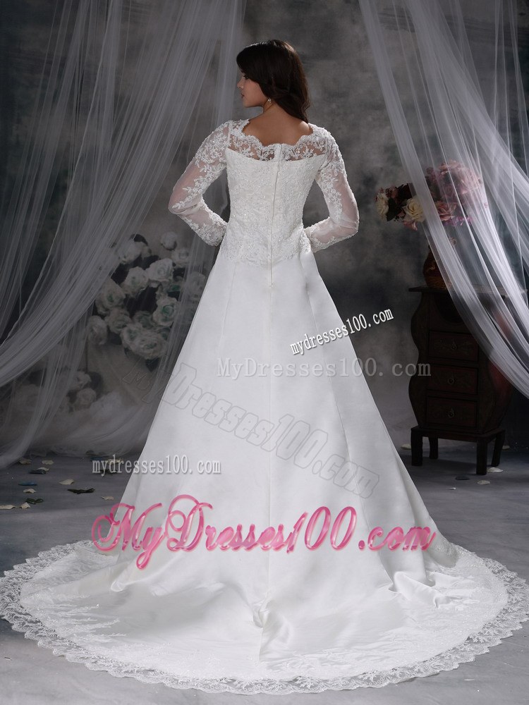 V-neck Long Sleeves Lace Chapel Train Bridal Dresses for Wedding in White