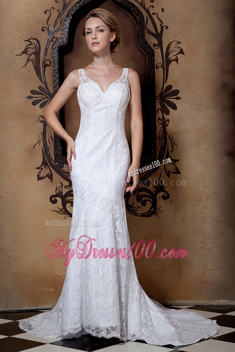 Modernistic V-neck Straps Lace White Wedding Dress Court Train
