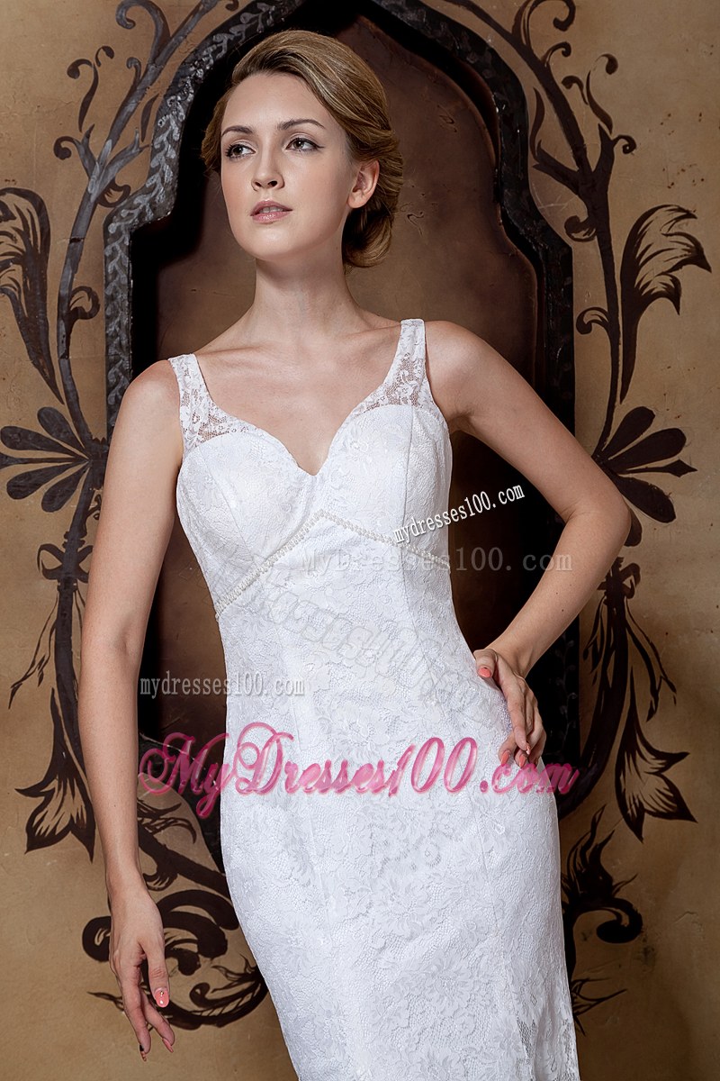 Modernistic V-neck Straps Lace White Wedding Dress Court Train