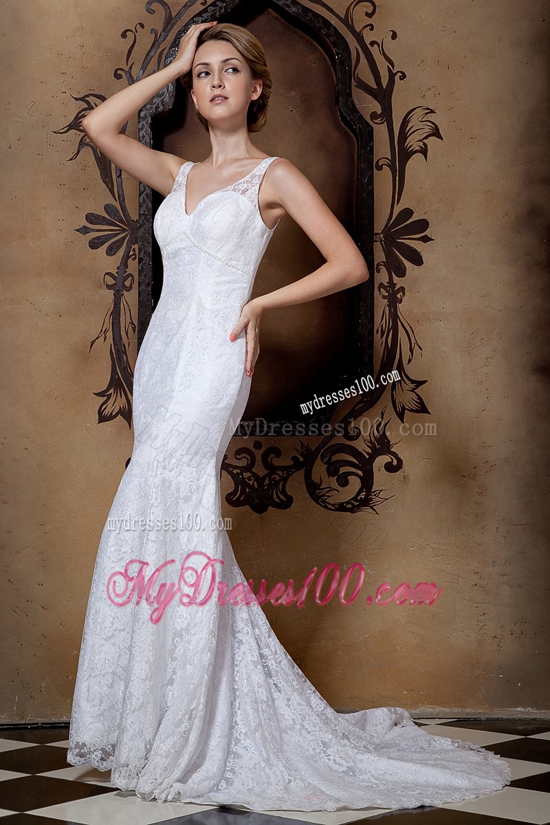 Modernistic V-neck Straps Lace White Wedding Dress Court Train