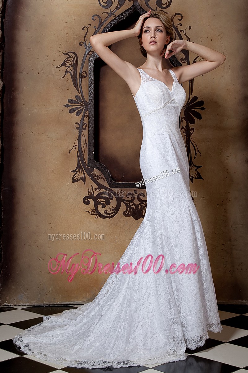 Modernistic V-neck Straps Lace White Wedding Dress Court Train