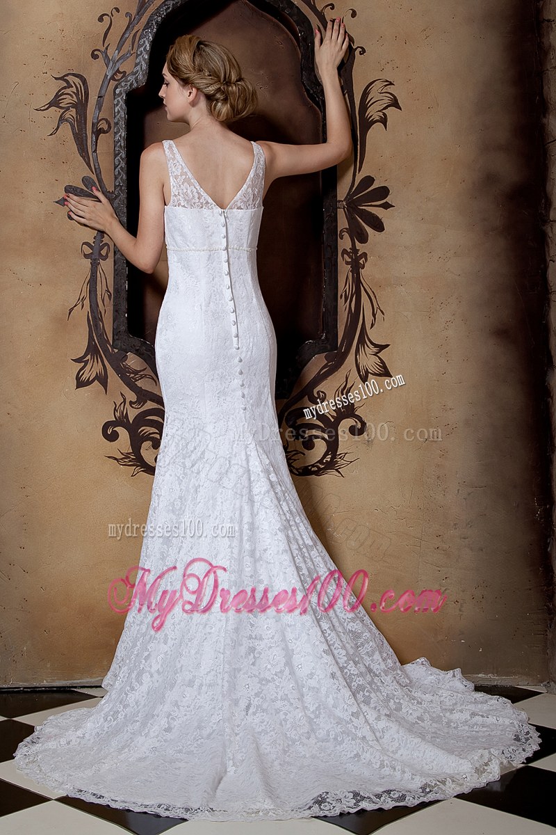 Modernistic V-neck Straps Lace White Wedding Dress Court Train