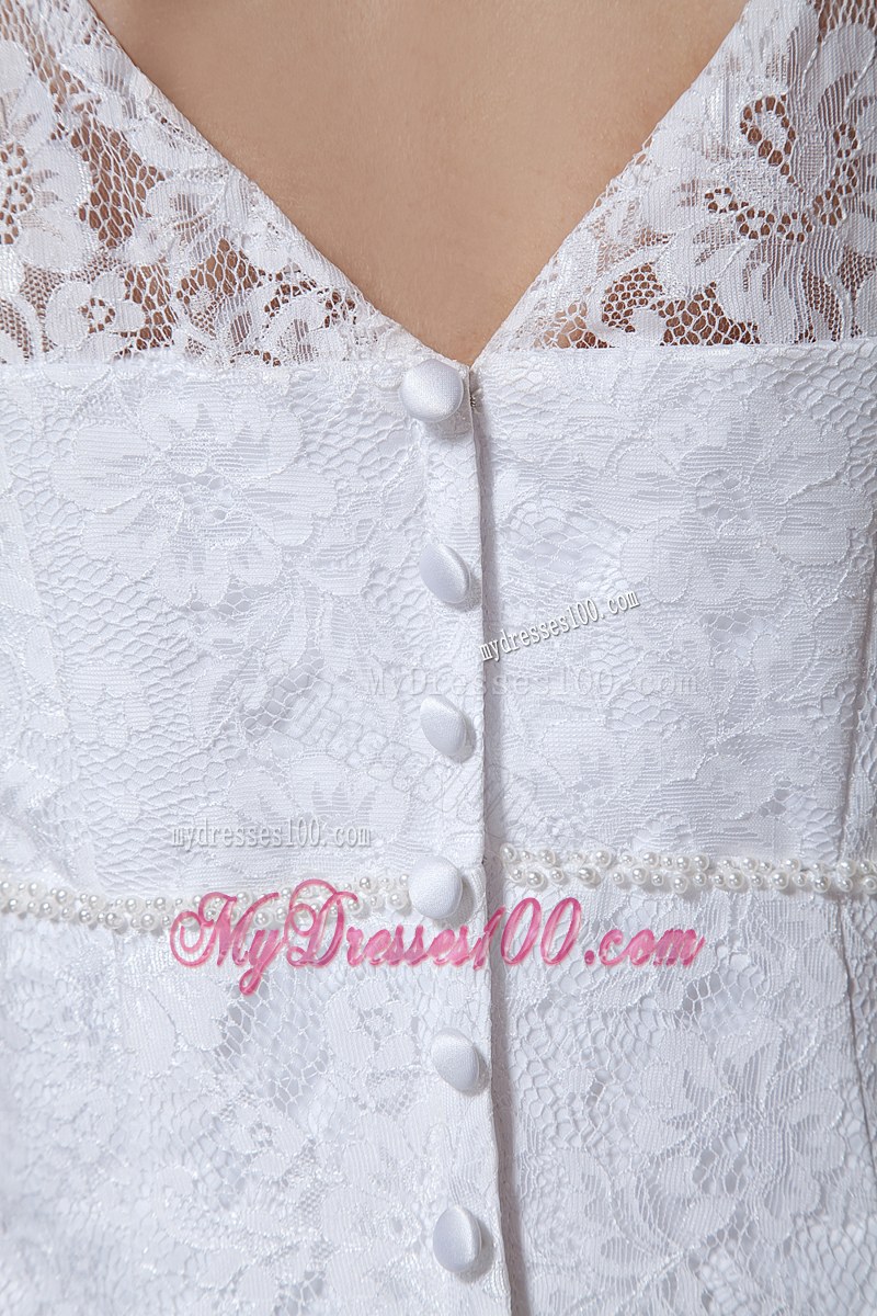 Modernistic V-neck Straps Lace White Wedding Dress Court Train