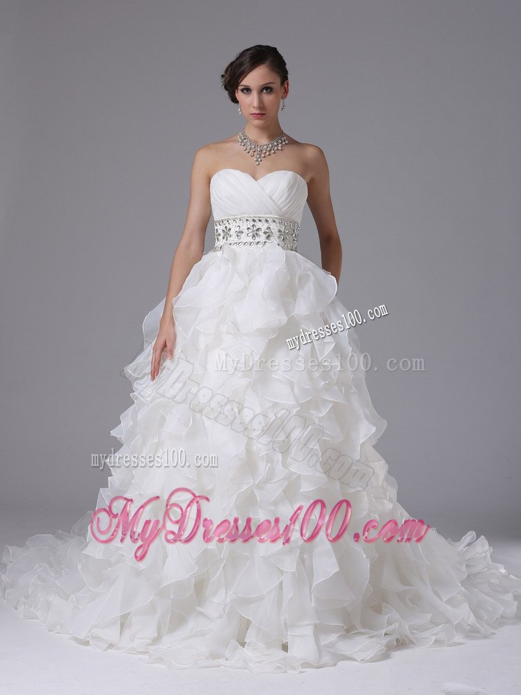 Sweetheart and Beading Decorate Waist for Strapless Ruffled Wedding Dress