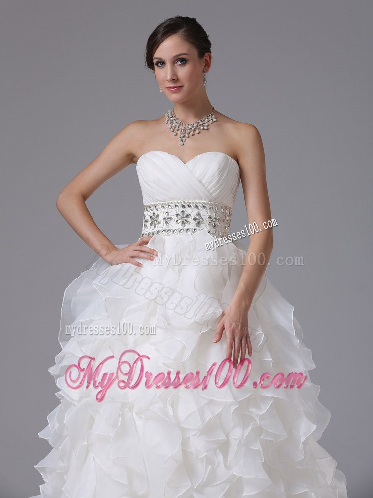 Sweetheart and Beading Decorate Waist for Strapless Ruffled Wedding Dress