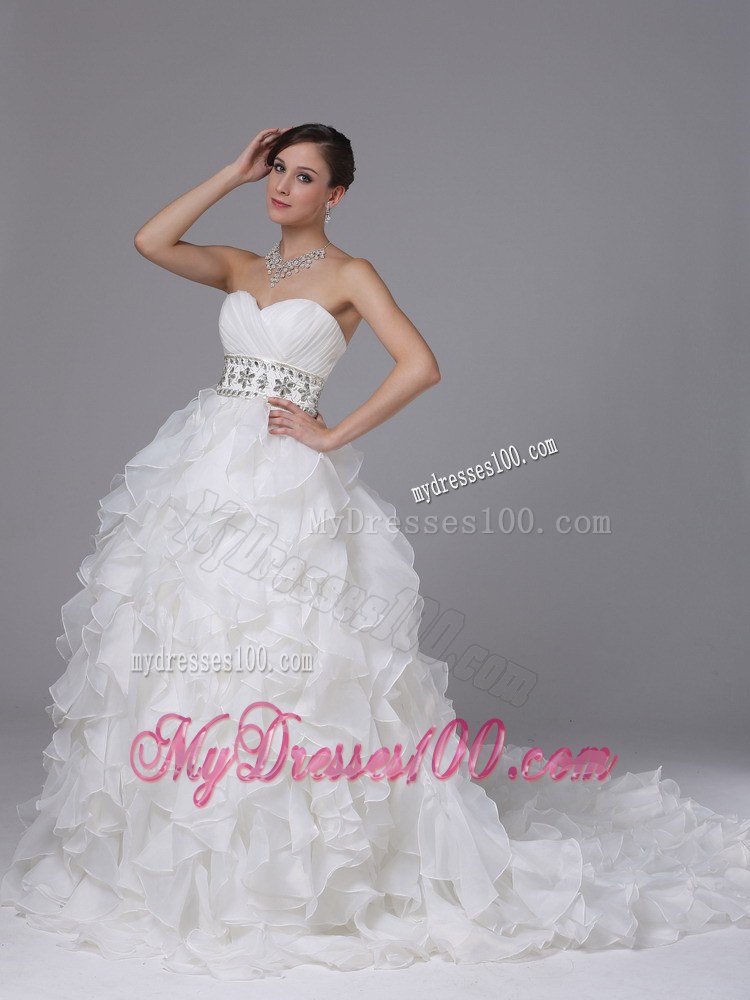 Sweetheart and Beading Decorate Waist for Strapless Ruffled Wedding Dress